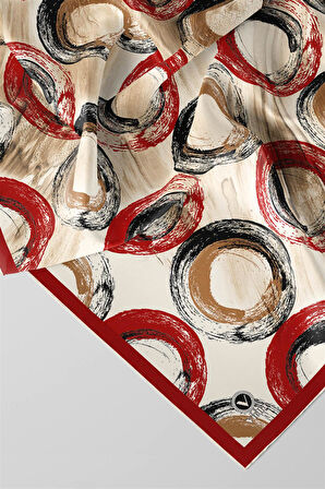 Twill Geometrik Fırça Darbesi Desenli Kırmızı Renkli 90x90 Eşarp (İpek İçermez) Kenar Dikiş Şekli El Dikişli