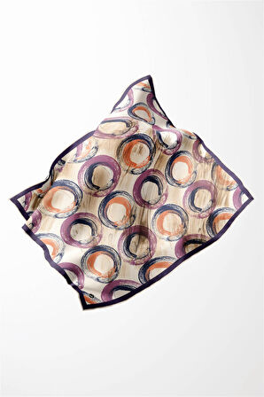 Twill Geometrik Fırça Darbesi Desenli Mor Renkli 90x90 Eşarp (İpek İçermez) Kenar Dikiş Şekli El Dikişli