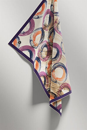 Twill Geometrik Fırça Darbesi Desenli Mor Renkli 90x90 Eşarp (İpek İçermez) Kenar Dikiş Şekli El Dikişli