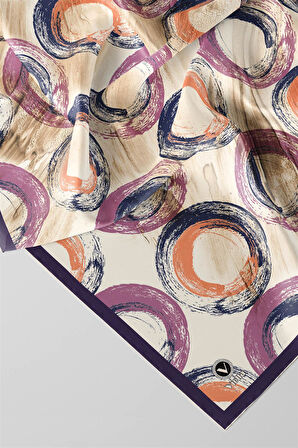 Twill Geometrik Fırça Darbesi Desenli Mor Renkli 90x90 Eşarp (İpek İçermez) Kenar Dikiş Şekli El Dikişli