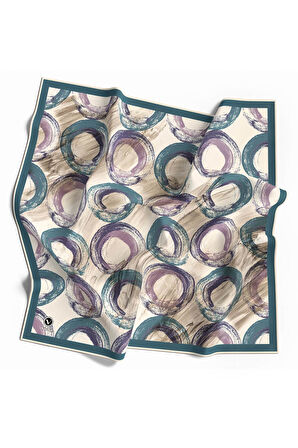 Twill Geometrik Fırça Darbesi Desenli Petrol Mavisi Renkli 90x90 Eşarp (İpek İçermez) Kenar Dikiş Şekli El Dikişli