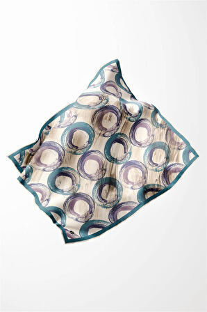 Twill Geometrik Fırça Darbesi Desenli Petrol Mavisi Renkli 90x90 Eşarp (İpek İçermez) Kenar Dikiş Şekli El Dikişli