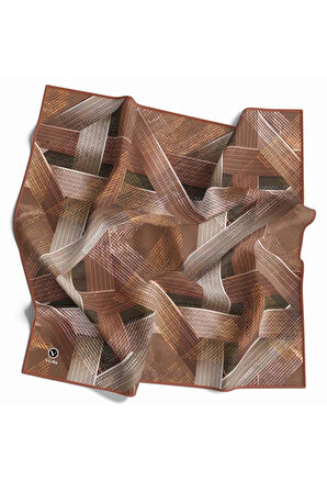 Twill Dokulu Geometrik Desenli Bakır Renkli 90x90 Eşarp (İpek İçermez) Kenar Dikiş Şekli El Dikişli