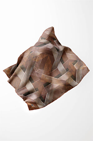 Twill Dokulu Geometrik Desenli Bakır Renkli 90x90 Eşarp (İpek İçermez) Kenar Dikiş Şekli El Dikişli