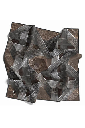 Twill Dokulu Geometrik Desenli Gri - Bej Renkli 90x90 Eşarp (İpek İçermez) Kenar Dikiş Şekli El Dikişli