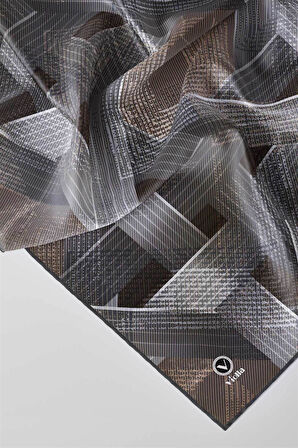 Twill Dokulu Geometrik Desenli Gri - Bej Renkli 90x90 Eşarp (İpek İçermez) Kenar Dikiş Şekli El Dikişli