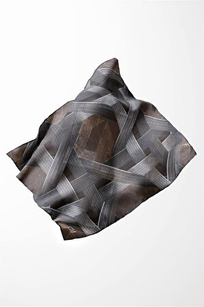 Twill Dokulu Geometrik Desenli Gri - Bej Renkli 90x90 Eşarp (İpek İçermez) Kenar Dikiş Şekli El Dikişli