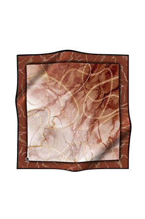 Twill Mermer ve Zincir Desenli Taba Renkli 90x90 Eşarp (İpek İçermez) Kenar Dikiş Şekli El Dikişli