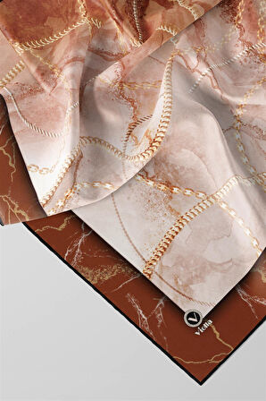 Twill Mermer ve Zincir Desenli Taba Renkli 90x90 Eşarp (İpek İçermez) Kenar Dikiş Şekli El Dikişli