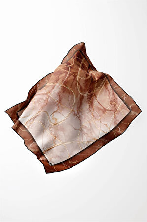 Twill Mermer ve Zincir Desenli Taba Renkli 90x90 Eşarp (İpek İçermez) Kenar Dikiş Şekli El Dikişli