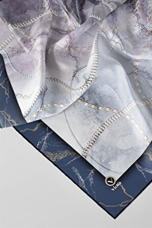 Twill Mermer ve Zincir Desenli İndigo Renkli 90x90 Eşarp (İpek İçermez) Kenar Dikiş Şekli El Dikişli