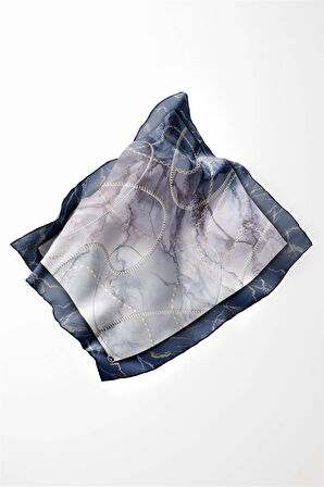 Twill Mermer ve Zincir Desenli İndigo Renkli 90x90 Eşarp (İpek İçermez) Kenar Dikiş Şekli El Dikişli