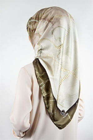 Twill Mermer ve Zincir Desenli Haki Renkli 90x90 Eşarp (İpek İçermez) Kenar Dikiş Şekli El Dikişli