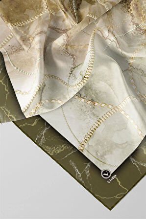 Twill Mermer ve Zincir Desenli Haki Renkli 90x90 Eşarp (İpek İçermez) Kenar Dikiş Şekli El Dikişli