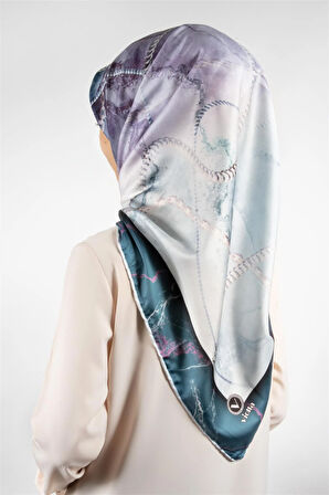 Twill Mermer ve Zincir Desenli Petrol Yeşili Renkli 90x90 Eşarp (İpek İçermez) Kenar Dikiş Şekli El Dikişli