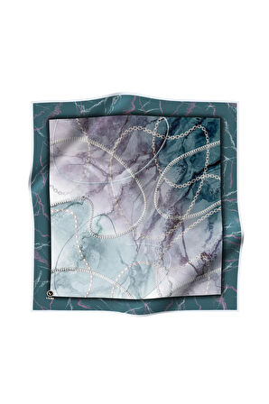 Twill Mermer ve Zincir Desenli Petrol Yeşili Renkli 90x90 Eşarp (İpek İçermez) Kenar Dikiş Şekli El Dikişli