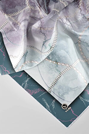 Twill Mermer ve Zincir Desenli Petrol Yeşili Renkli 90x90 Eşarp (İpek İçermez) Kenar Dikiş Şekli El Dikişli