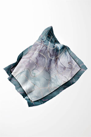 Twill Mermer ve Zincir Desenli Petrol Yeşili Renkli 90x90 Eşarp (İpek İçermez) Kenar Dikiş Şekli El Dikişli