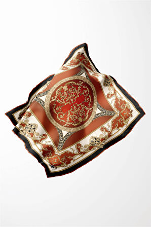 Twill Barok Desenli Taba Renkli 90x90 Eşarp (İpek İçermez) Kenar Dikiş Şekli El Dikişli