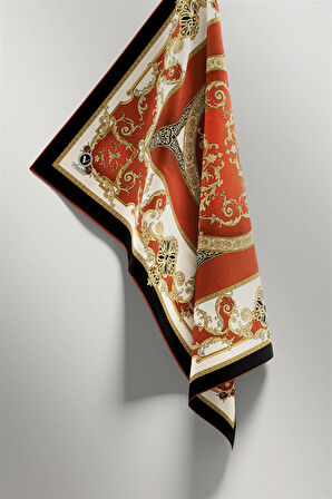 Twill Barok Desenli Taba Renkli 90x90 Eşarp (İpek İçermez) Kenar Dikiş Şekli El Dikişli