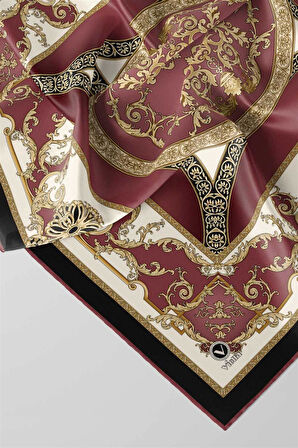 Twill Barok Desenli Gül Kurusu Renkli 90x90 Eşarp (İpek İçermez) Kenar Dikiş Şekli El Dikişli