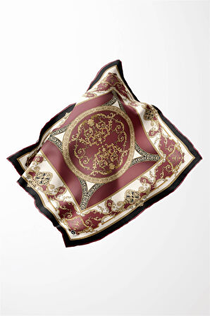 Twill Barok Desenli Gül Kurusu Renkli 90x90 Eşarp (İpek İçermez) Kenar Dikiş Şekli El Dikişli