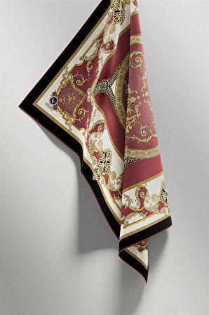 Twill Barok Desenli Gül Kurusu Renkli 90x90 Eşarp (İpek İçermez) Kenar Dikiş Şekli El Dikişli