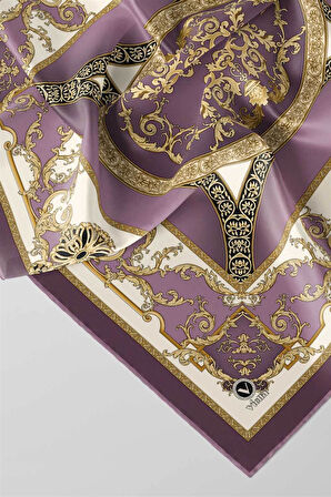 Twill Barok Desenli Lila Renkli 90x90 Eşarp (İpek İçermez) Kenar Dikiş Şekli El Dikişli