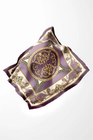 Twill Barok Desenli Lila Renkli 90x90 Eşarp (İpek İçermez) Kenar Dikiş Şekli El Dikişli