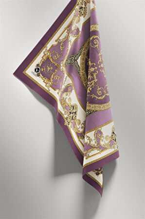 Twill Barok Desenli Lila Renkli 90x90 Eşarp (İpek İçermez) Kenar Dikiş Şekli El Dikişli