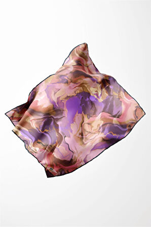 Twill Batik Desenli Mor Renkli 90x90 Eşarp (İpek İçermez) Kenar Dikiş Şekli El Dikişli