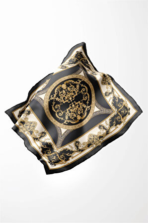 Twill Barok Desenli Füme Renkli 90x90 Eşarp (İpek İçermez) Kenar Dikiş Şekli El Dikişli