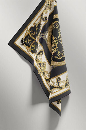 Twill Barok Desenli Füme Renkli 90x90 Eşarp (İpek İçermez) Kenar Dikiş Şekli El Dikişli