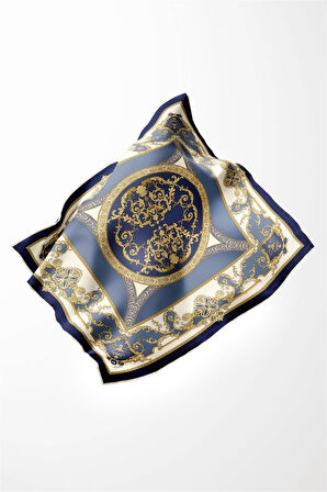 Twill Barok Desenli İndigo Renkli 90x90 Eşarp (İpek İçermez) Kenar Dikiş Şekli El Dikişli