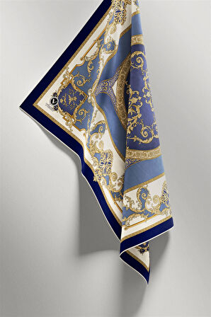 Twill Barok Desenli İndigo Renkli 90x90 Eşarp (İpek İçermez) Kenar Dikiş Şekli El Dikişli