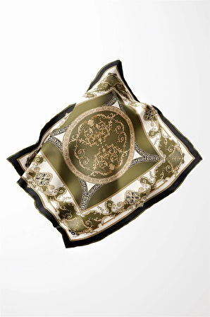 Twill Barok Desenli Haki Yeşili Renkli 90x90 Eşarp (İpek İçermez) Kenar Dikiş Şekli El Dikişli