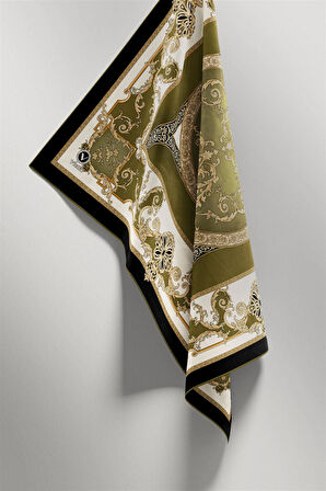 Twill Barok Desenli Haki Yeşili Renkli 90x90 Eşarp (İpek İçermez) Kenar Dikiş Şekli El Dikişli