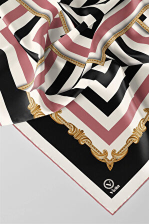 Twill Geometrik Desenli Pudra Renkli 90x90 Eşarp (İpek İçermez) Kenar Dikiş Şekli El Dikişli