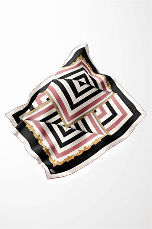 Twill Geometrik Desenli Pudra Renkli 90x90 Eşarp (İpek İçermez) Kenar Dikiş Şekli El Dikişli