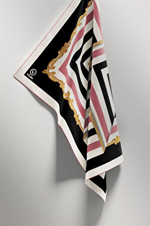 Twill Geometrik Desenli Pudra Renkli 90x90 Eşarp (İpek İçermez) Kenar Dikiş Şekli El Dikişli