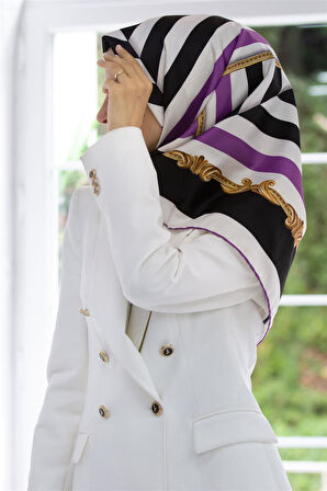 Twill Geometrik Desenli Lila Renkli 90x90 Eşarp (İpek İçermez) Kenar Dikiş Şekli El Dikişli