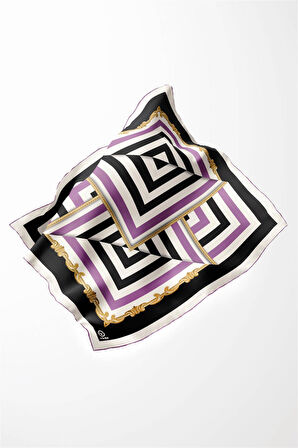 Twill Geometrik Desenli Lila Renkli 90x90 Eşarp (İpek İçermez) Kenar Dikiş Şekli El Dikişli