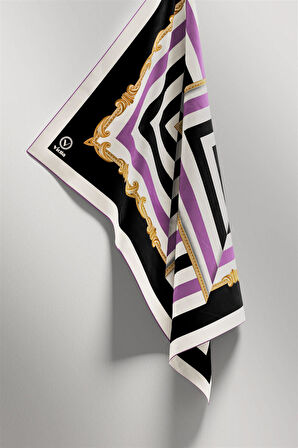Twill Geometrik Desenli Lila Renkli 90x90 Eşarp (İpek İçermez) Kenar Dikiş Şekli El Dikişli