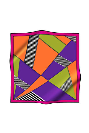 %100 Twill İpek Çizgili ve Geometrik Desenli Fuşya - Turuncu Renkli 90x90 Eşarp Dikim Şekli : El Dikişi