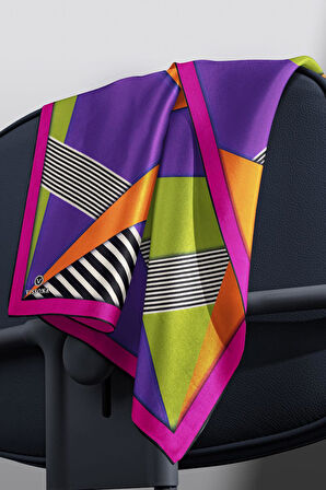 %100 Twill İpek Çizgili ve Geometrik Desenli Fuşya - Turuncu Renkli 90x90 Eşarp Dikim Şekli : El Dikişi