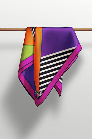 %100 Twill İpek Çizgili ve Geometrik Desenli Fuşya - Turuncu Renkli 90x90 Eşarp Dikim Şekli : El Dikişi