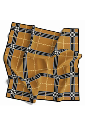 Twill Ekose Desenli Hardal Renkli 90x90 Eşarp (İpek İçermez) Kenar Dikiş Şekli El Dikişli