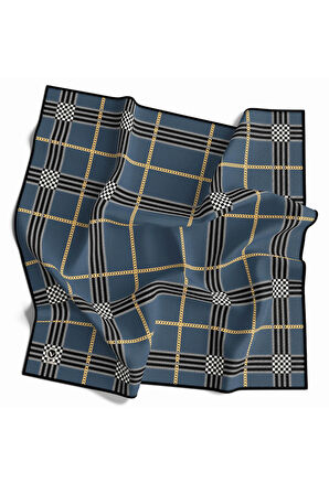 Twill Ekose Desenli İndigo Renkli 90x90 Eşarp (İpek İçermez) Kenar Dikiş Şekli El Dikişli