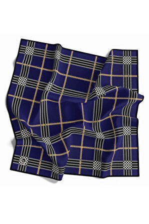 Twill Ekose Desenli Lacivert Renkli 90x90 Eşarp (İpek İçermez) Kenar Dikiş Şekli El Dikişli