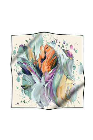 %100 Twill İpek Fırça Darbesi Desenli Su Yeşili - Turuncu Renkli 90x90 Eşarp Dikim Şekli : El Dikişi